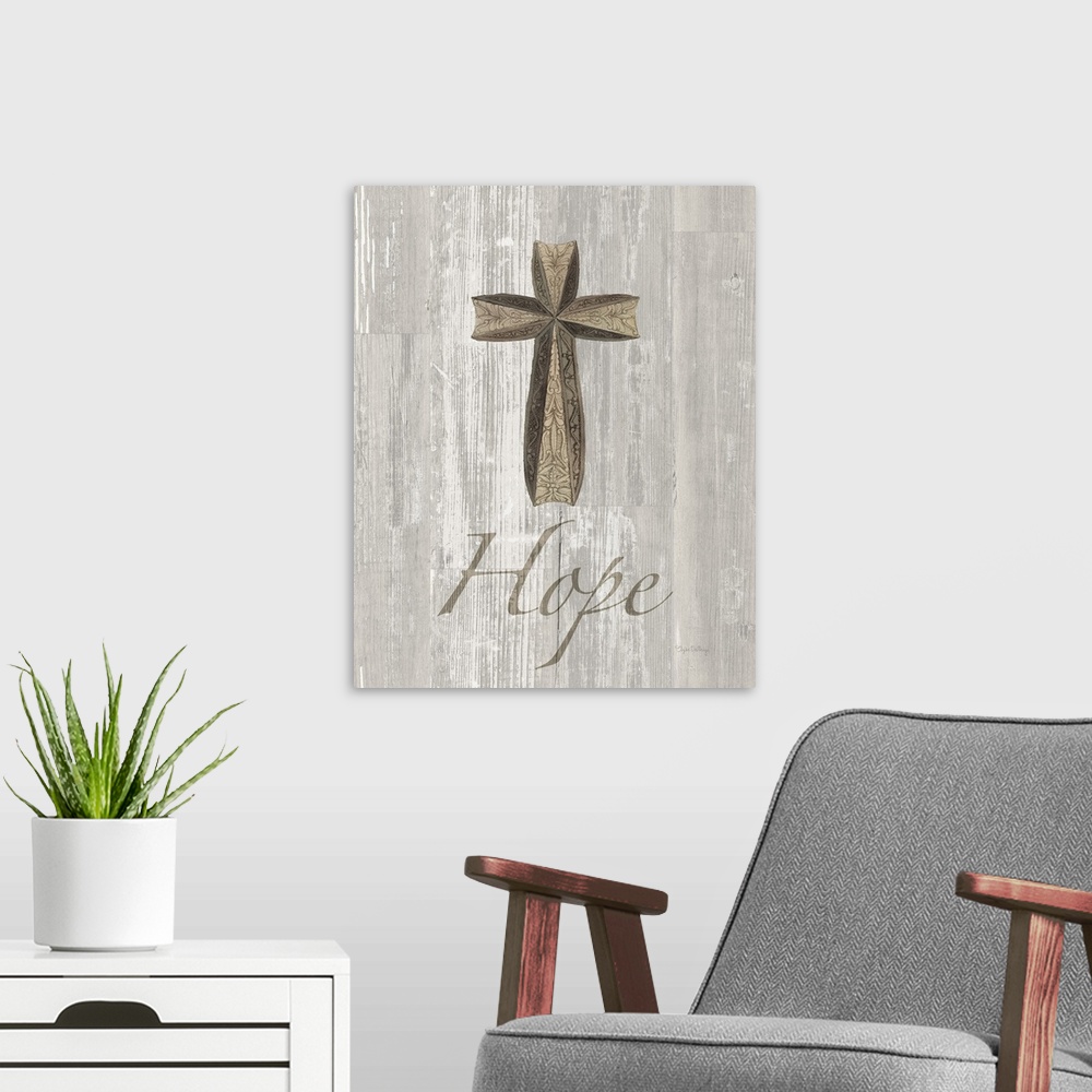 A modern room featuring "Hope" with a large cross on a grey wood background.