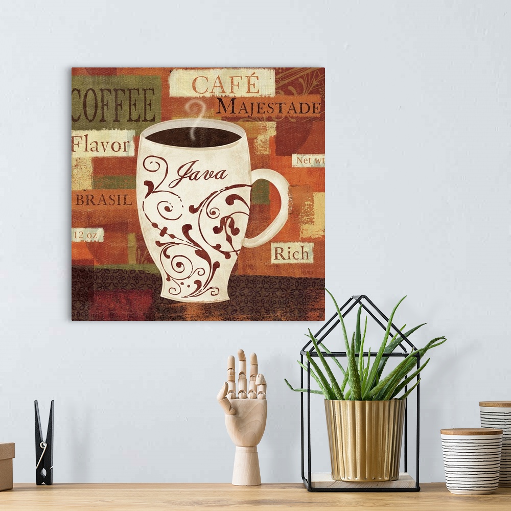 A bohemian room featuring Canvas painting of a large cup of steaming coffee with blocks of color with words that describe c...
