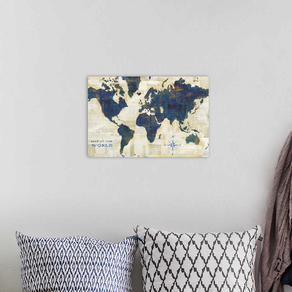 A bohemian room featuring Mixed media map of the world in navy blue.
