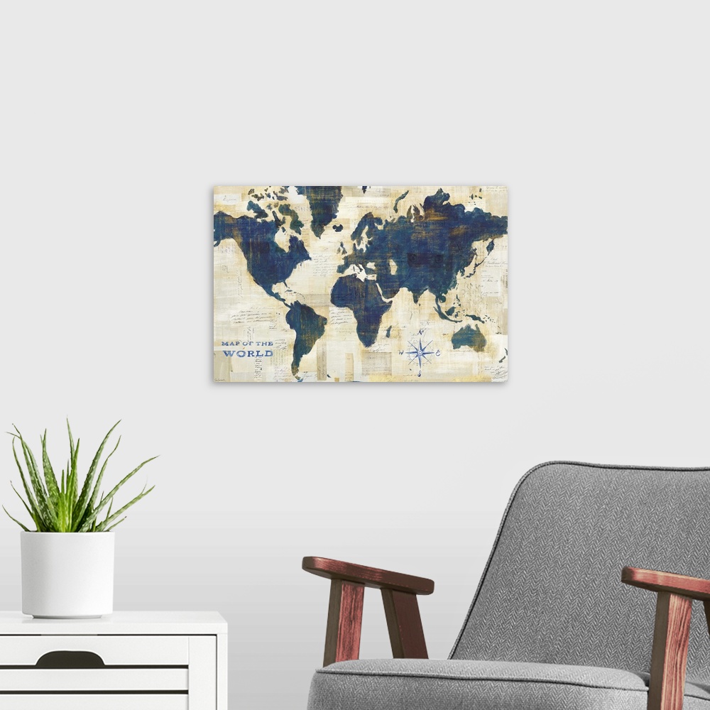A modern room featuring Mixed media map of the world in navy blue.