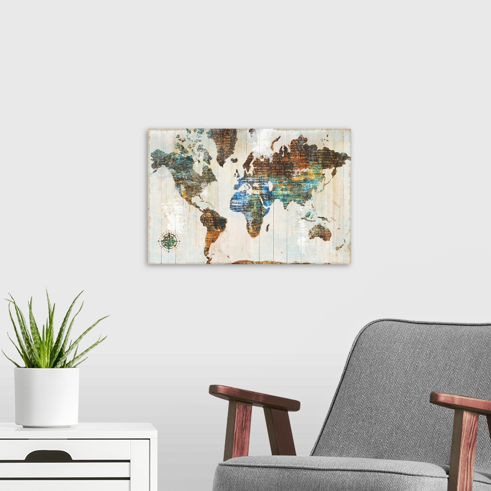 A modern room featuring World map made of multi-color textures with text peeping through, on a wood plank backdrop.