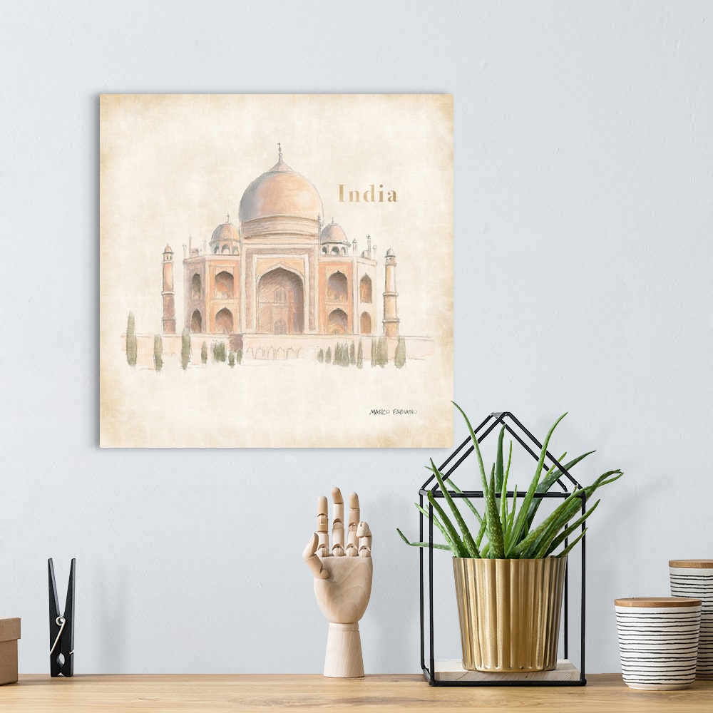 A bohemian room featuring Decorative artwork featuring an illustration of the Taj Mahal in India over an aged background.