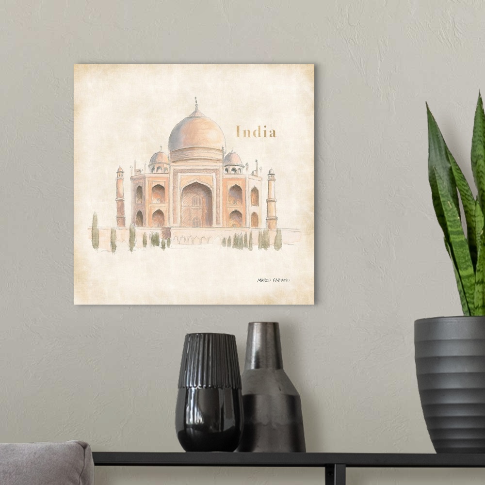 A modern room featuring Decorative artwork featuring an illustration of the Taj Mahal in India over an aged background.