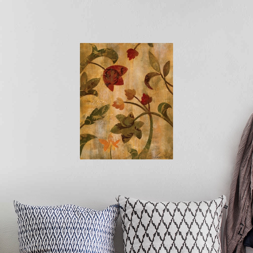 A bohemian room featuring Artwork of a floral pattern's silhouette filled with another floral pattern on an abstract backgr...