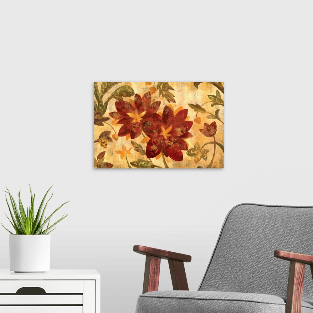 A modern room featuring Giant, landscape, floral home art docor of large, warm flowers surrounded by twirling leaves and ...