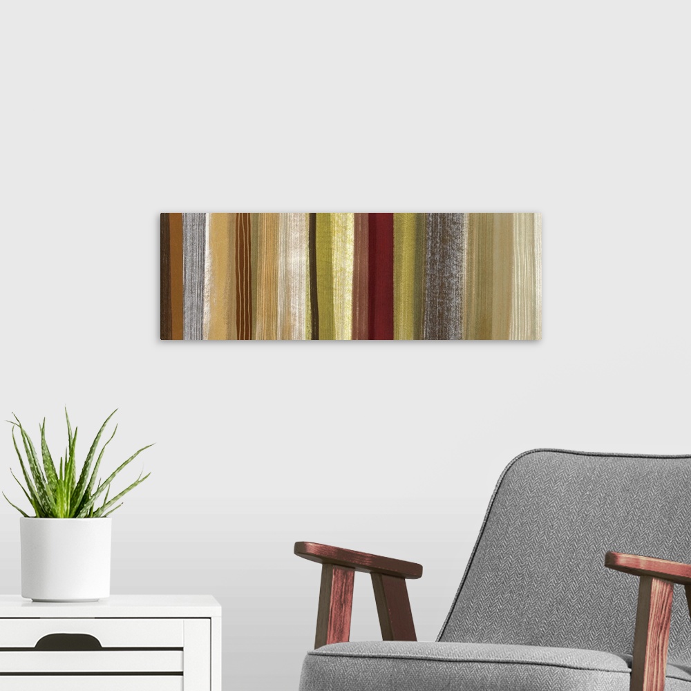 A modern room featuring A abstract painting of bright different colored lines running vertical through the image.