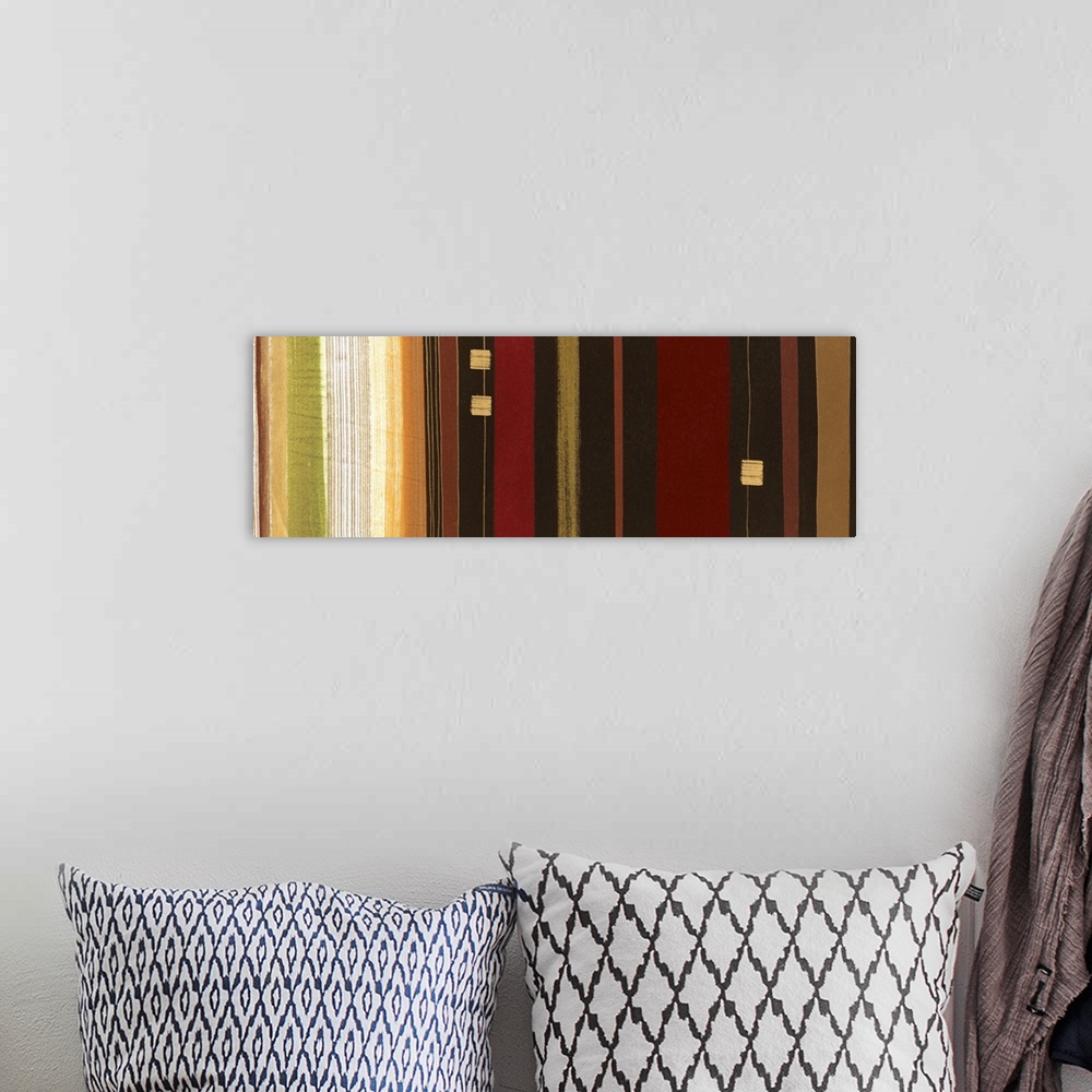 A bohemian room featuring A abstract painting of dark different colored lines running vertical through the image. With thre...