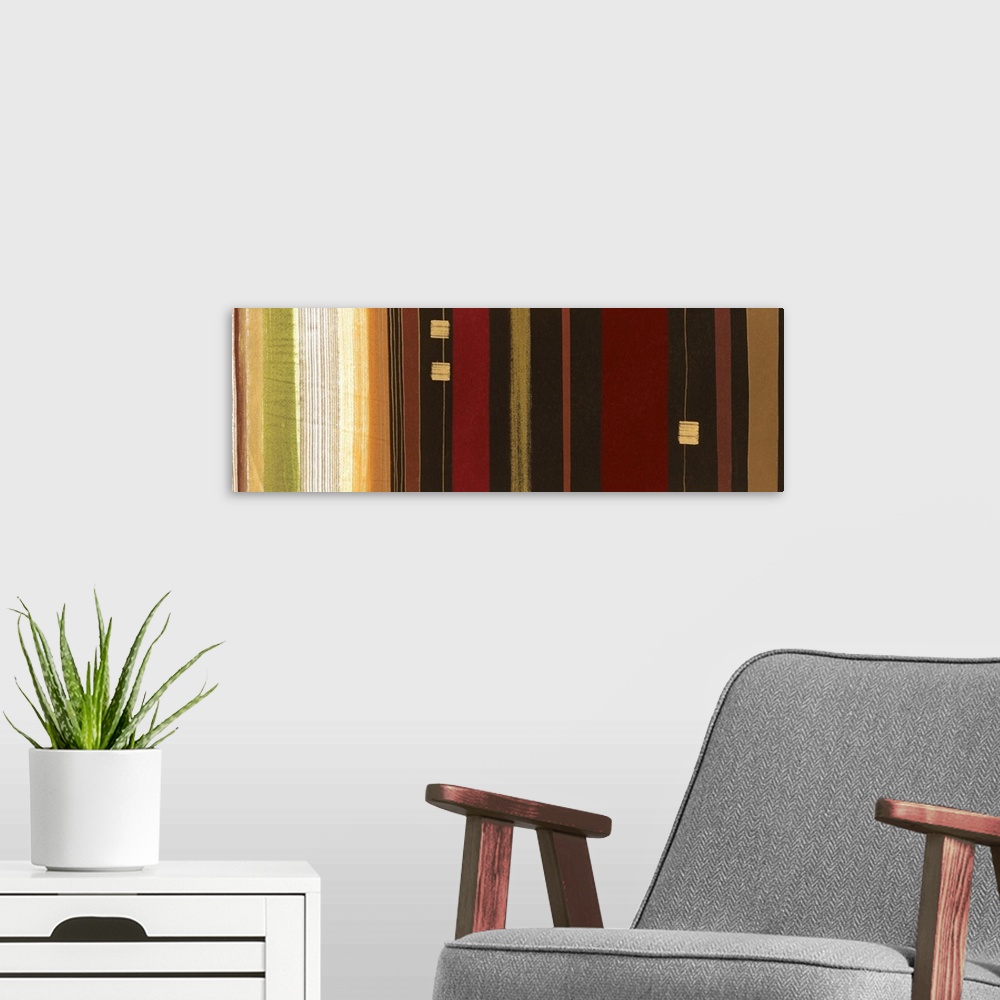 A modern room featuring A abstract painting of dark different colored lines running vertical through the image. With thre...