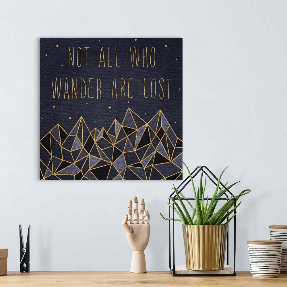 A bohemian room featuring "Not all who wander are lost" over crystalline mountains with gold lines under the stars.