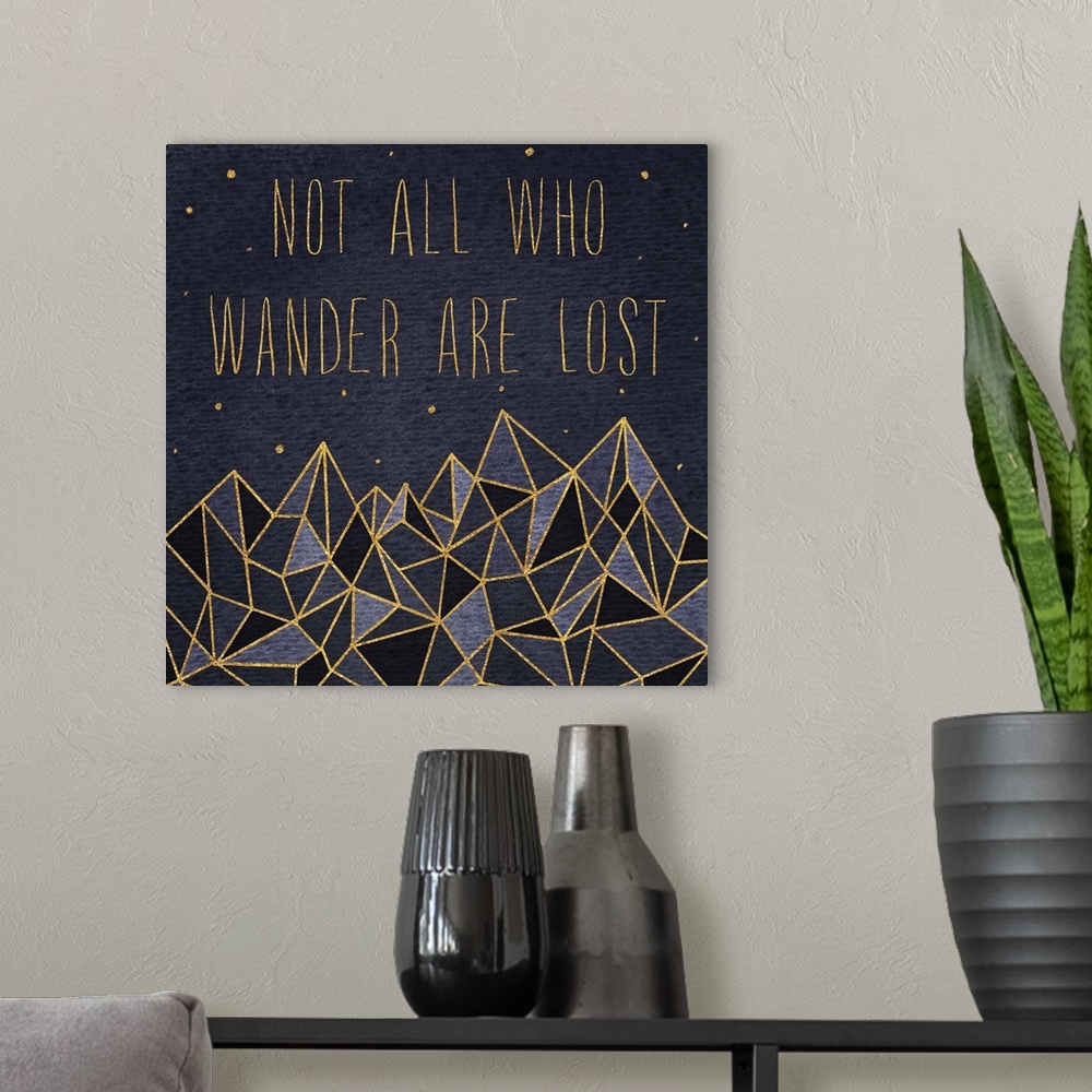 A modern room featuring "Not all who wander are lost" over crystalline mountains with gold lines under the stars.