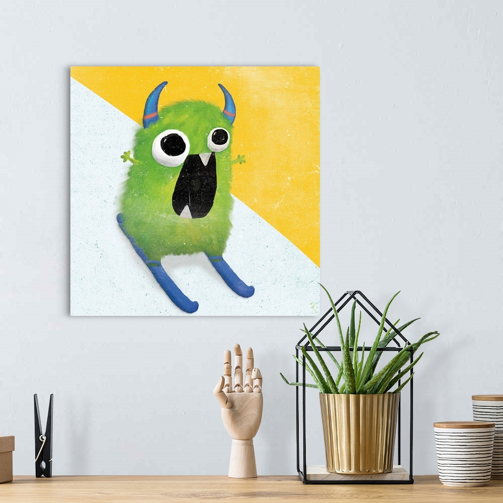 A bohemian room featuring Whimsical square art of a green monster with blue horns skiing down a slope.