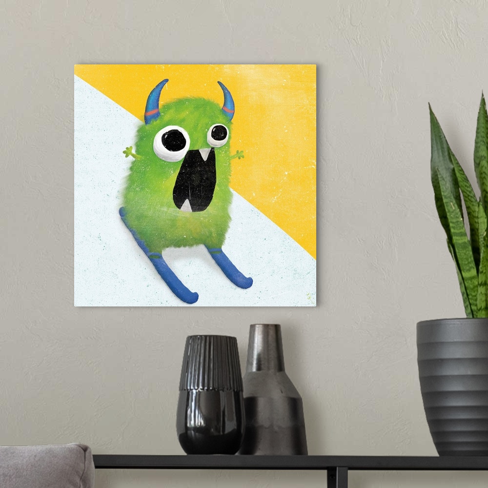 A modern room featuring Whimsical square art of a green monster with blue horns skiing down a slope.