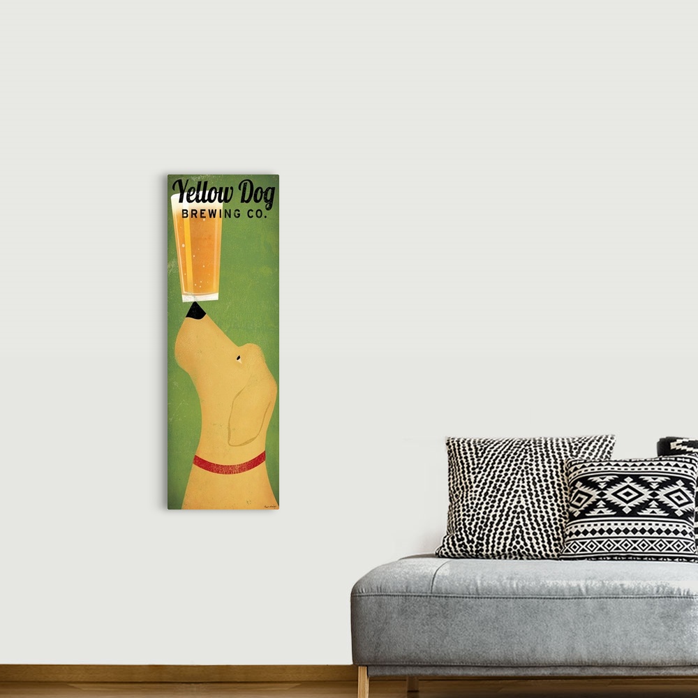 A bohemian room featuring Vertical panoramic advertising painting with dog balancing a cup of beer on the tip of his nose.