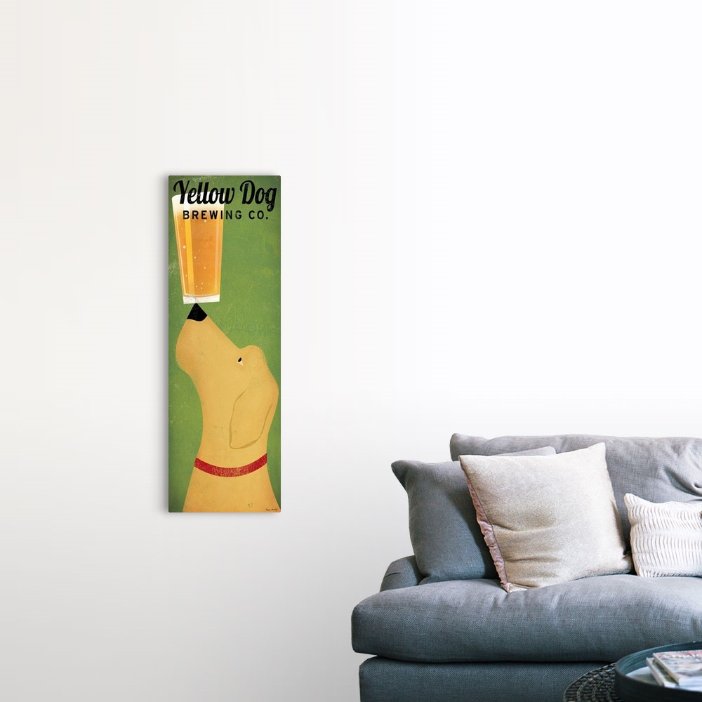 A farmhouse room featuring Vertical panoramic advertising painting with dog balancing a cup of beer on the tip of his nose.