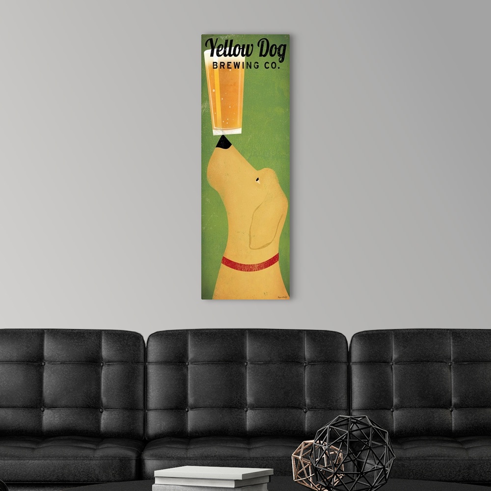 A modern room featuring Vertical panoramic advertising painting with dog balancing a cup of beer on the tip of his nose.