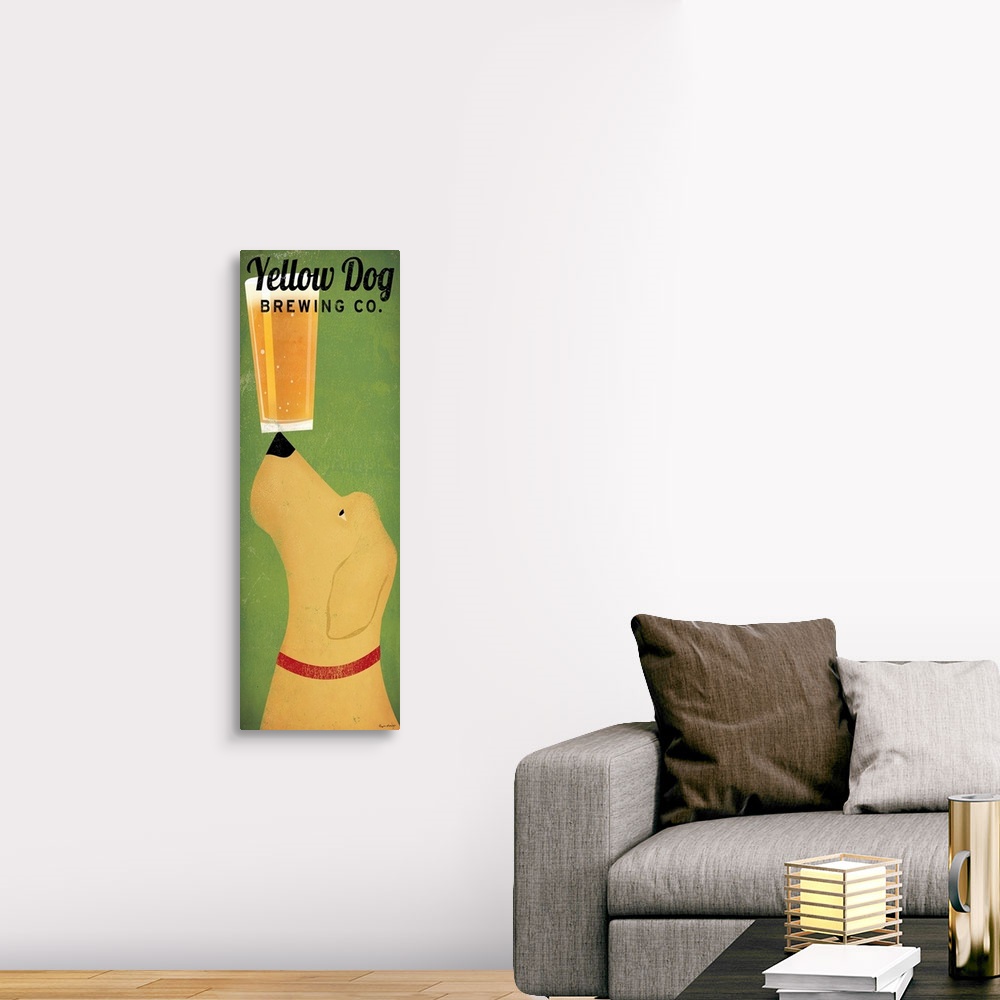 A traditional room featuring Vertical panoramic advertising painting with dog balancing a cup of beer on the tip of his nose.
