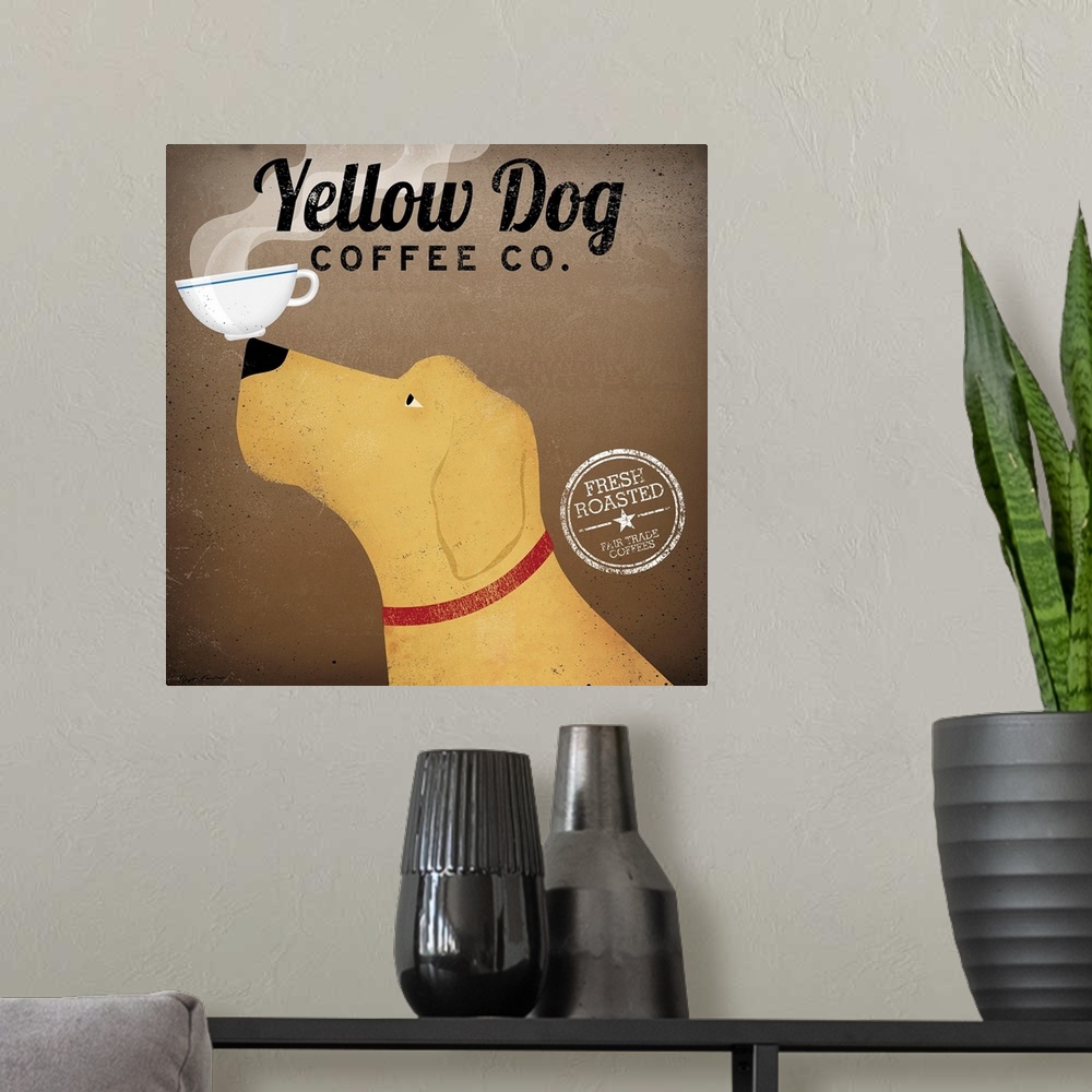 A modern room featuring Image of dog balancing coffee cup on nose with text.  The coffee cup is steaming.