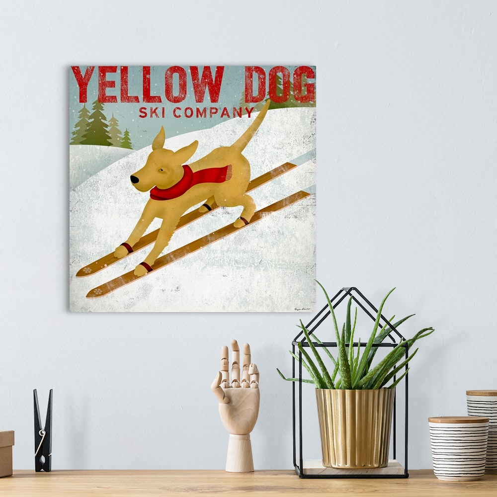 A bohemian room featuring Square painting of a dog skiing down a snowy mountain with text at the top.