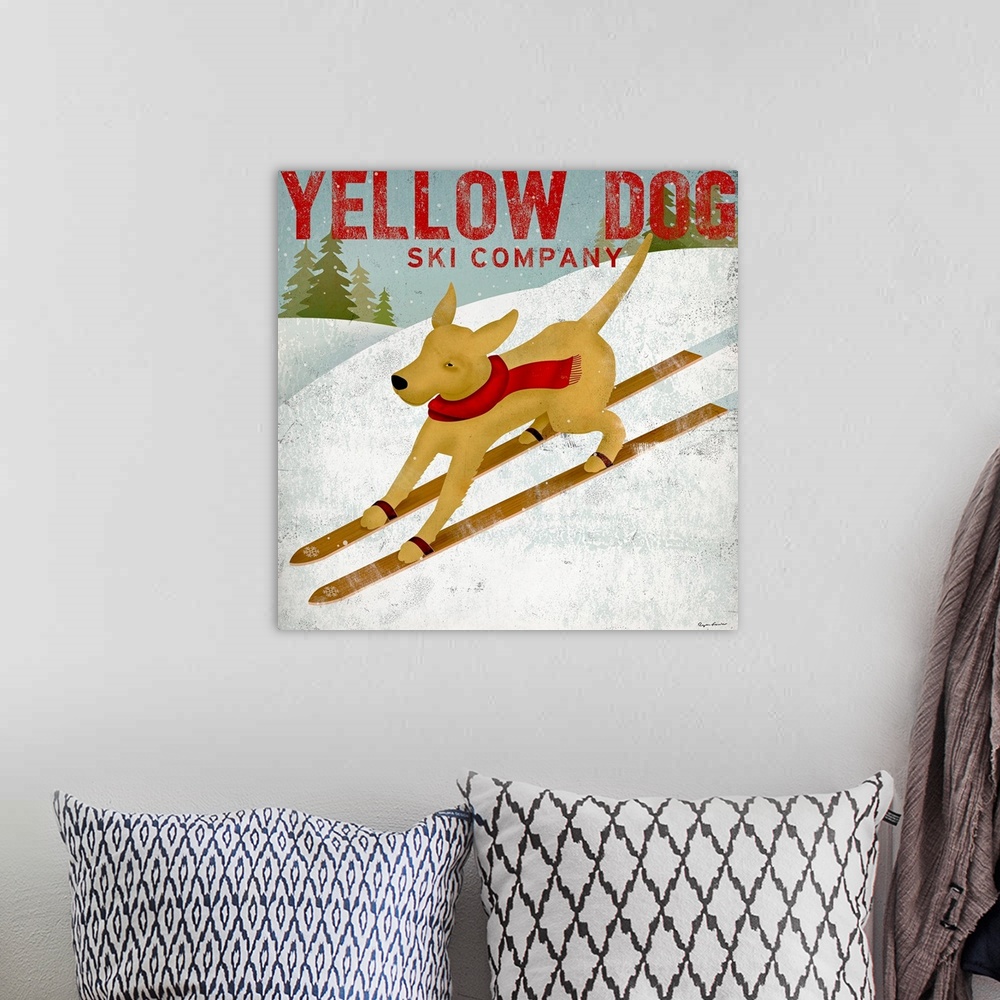 A bohemian room featuring Square painting of a dog skiing down a snowy mountain with text at the top.