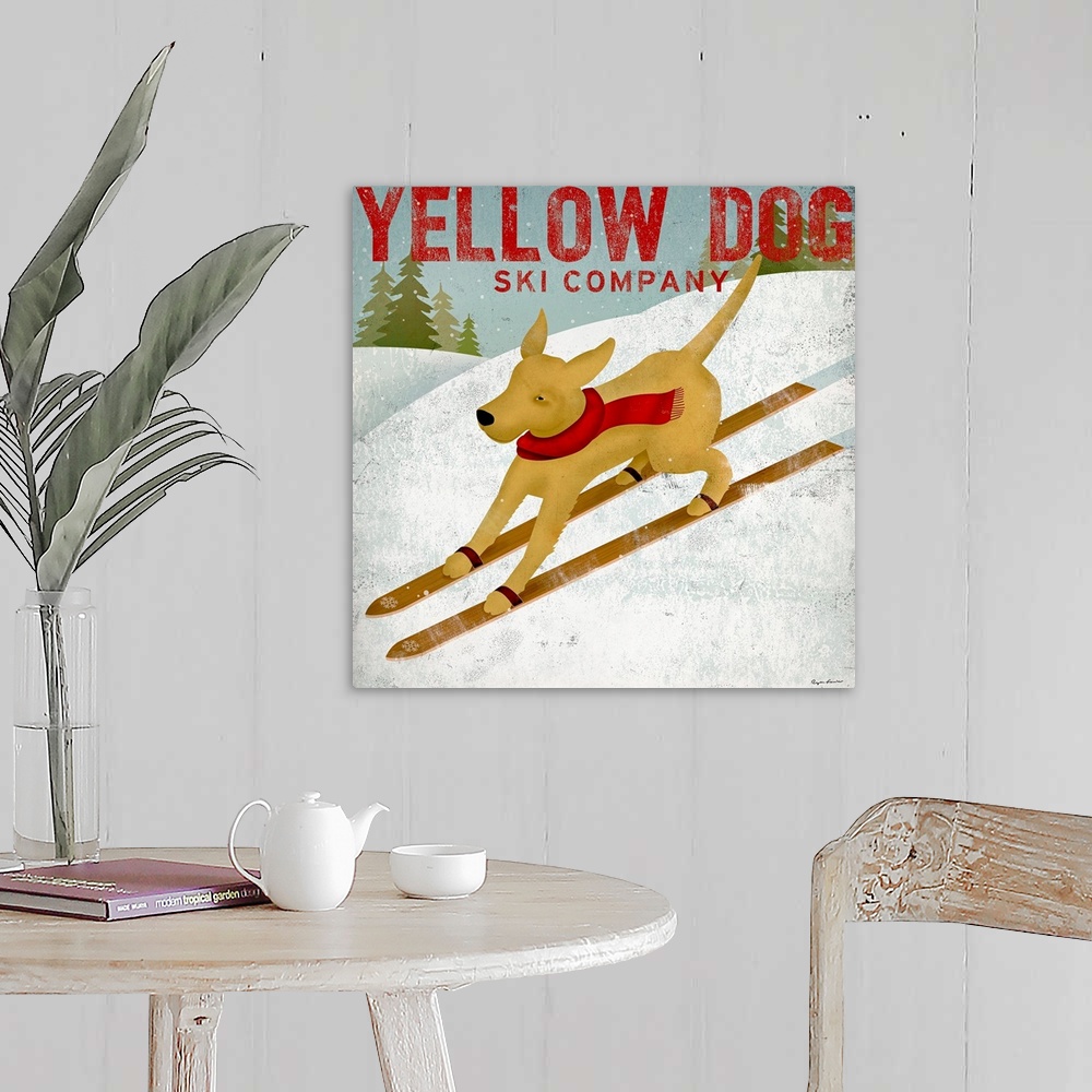 A farmhouse room featuring Square painting of a dog skiing down a snowy mountain with text at the top.