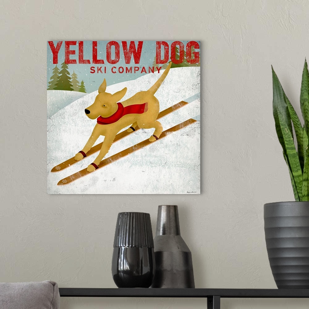 A modern room featuring Square painting of a dog skiing down a snowy mountain with text at the top.