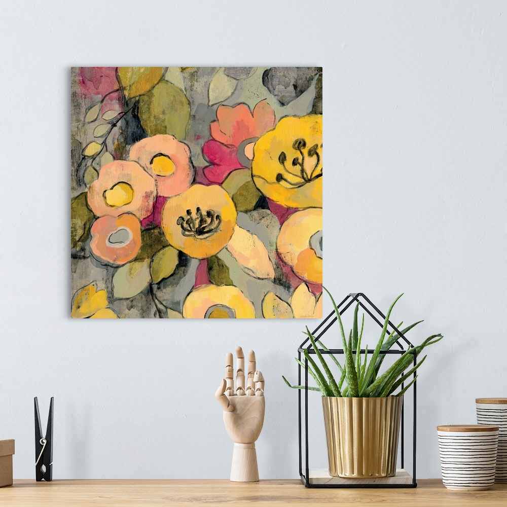 A bohemian room featuring Contemporary painting of colorful flowers.