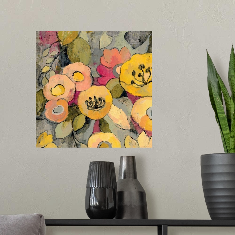 A modern room featuring Contemporary painting of colorful flowers.