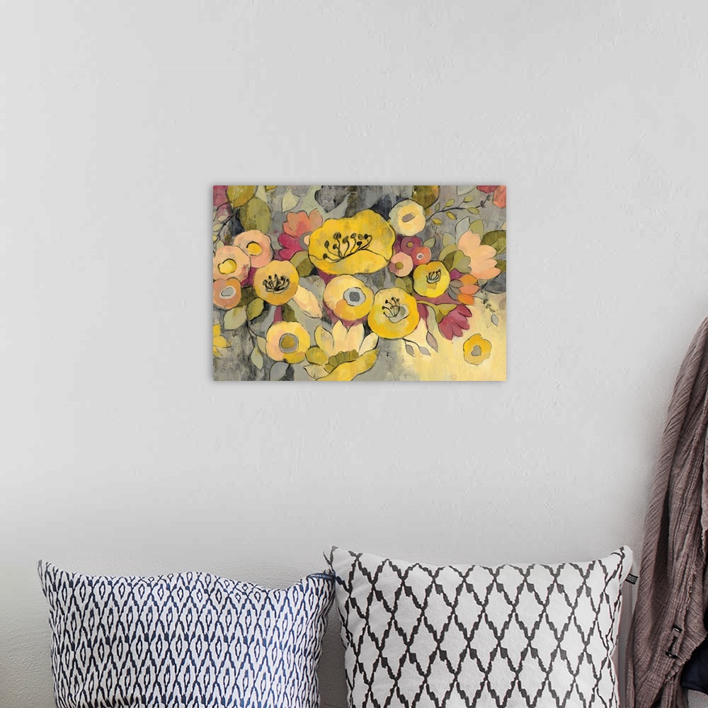 A bohemian room featuring Painting of a bouquet of yellow poppies and daisies.