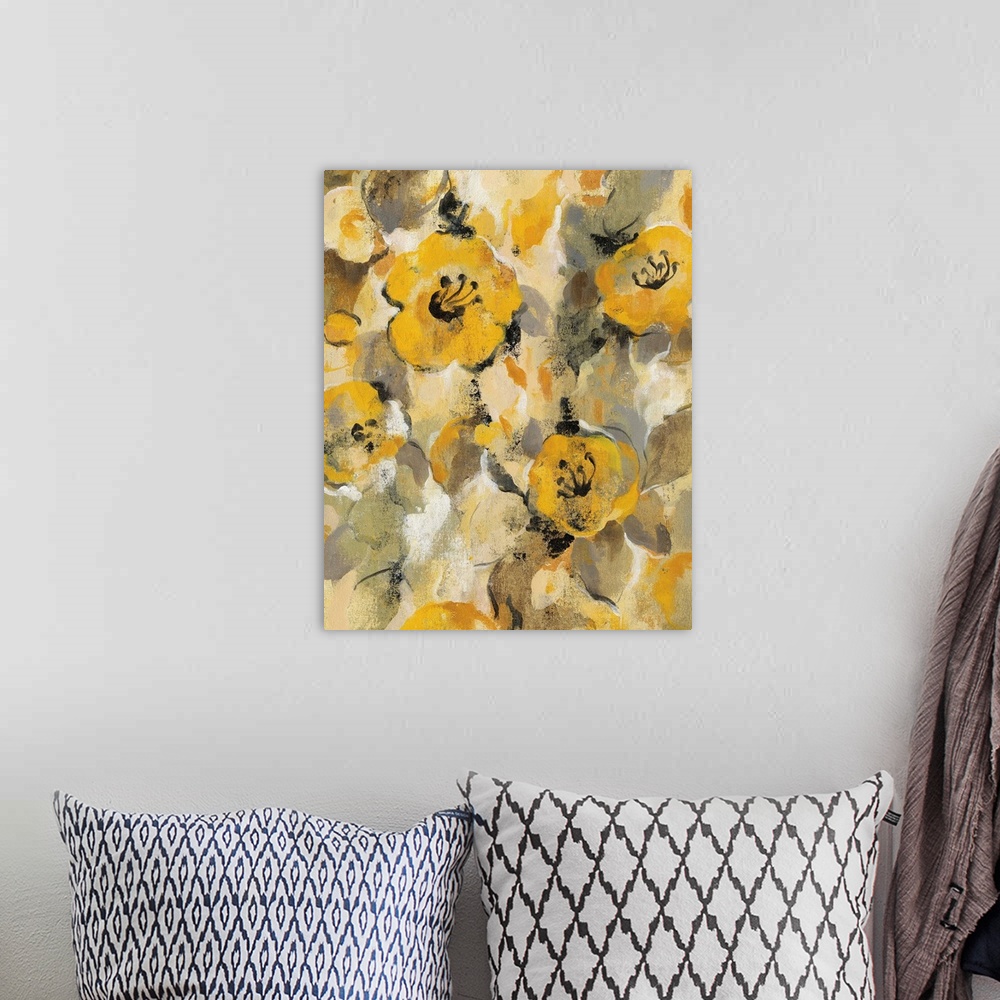 A bohemian room featuring Contemporary painting of several golden flowers.