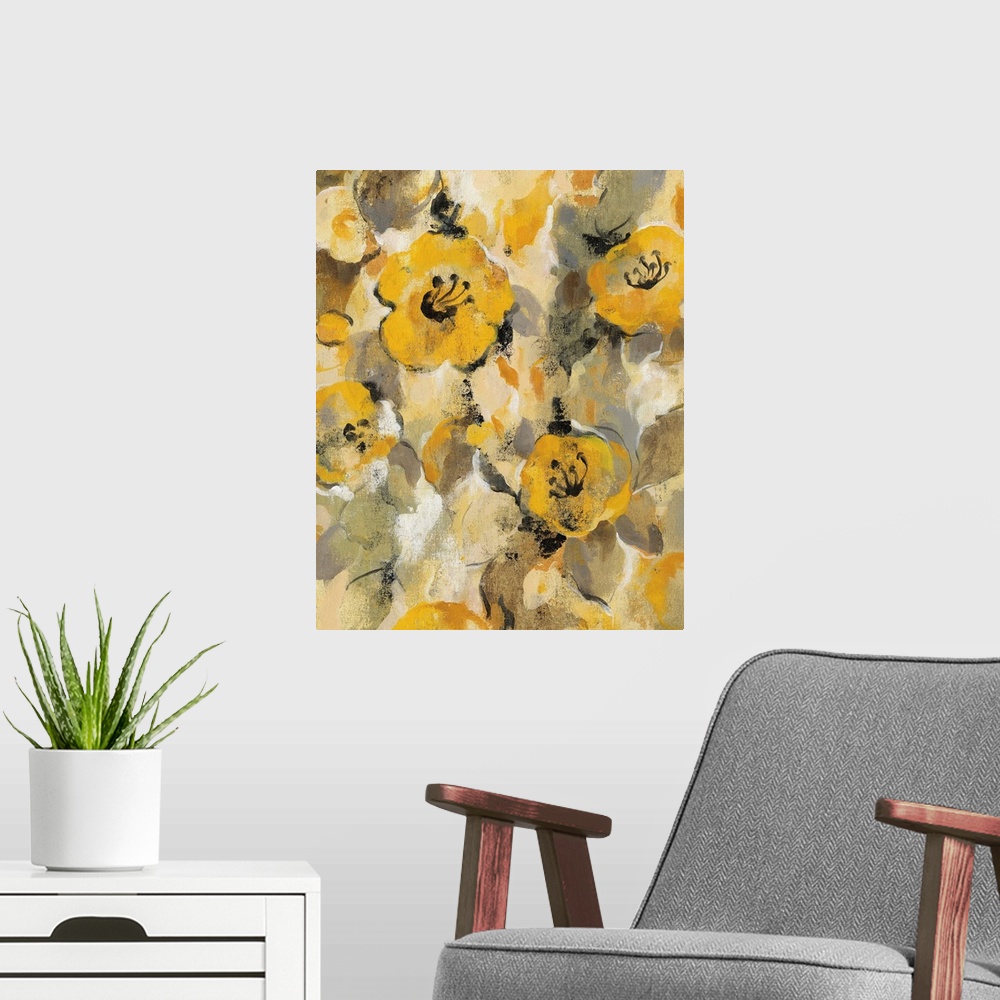 A modern room featuring Contemporary painting of several golden flowers.