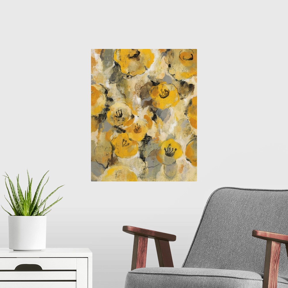 A modern room featuring Contemporary painting of several golden flowers.