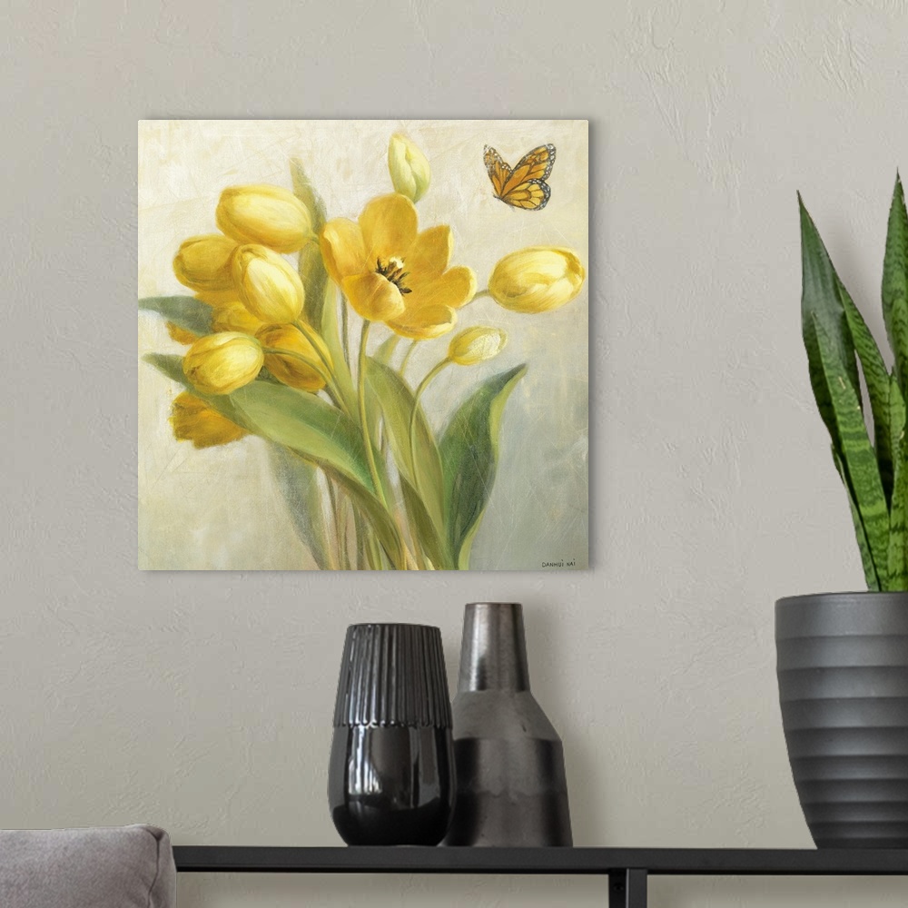 A modern room featuring Painting of brightly colored flower buds and one blossomed flower with a butterfly approaching it.