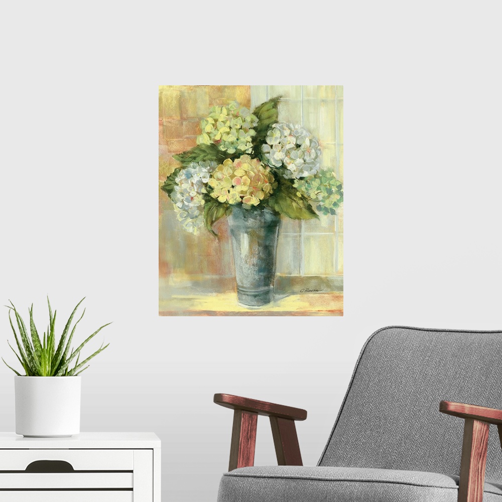 A modern room featuring Portrait, large still life painting of golden hydrangeas in a vase, sitting on a counter if front...