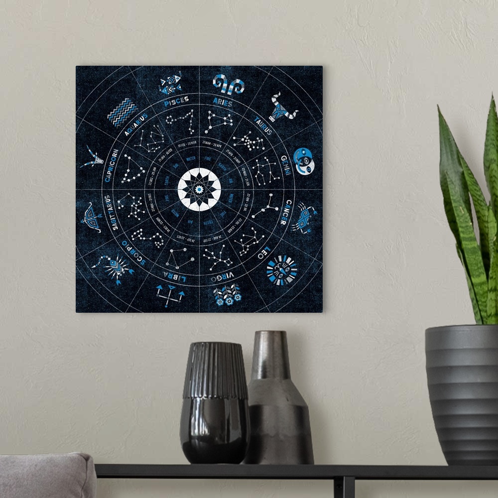 A modern room featuring Circular chart showing all twelve symbols of the zodiac and their constellations.