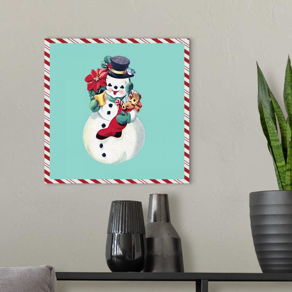A modern room featuring Square vintage artwork of a snowman holding a stocking and poinsettia on a teal background border...