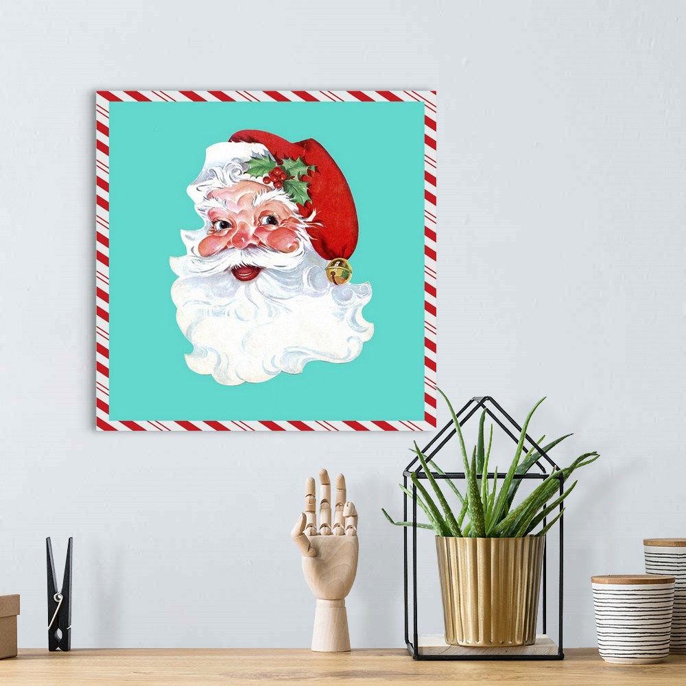 A bohemian room featuring Square vintage artwork of a smiling Santa on a teal background bordered with a candy cane pattern.