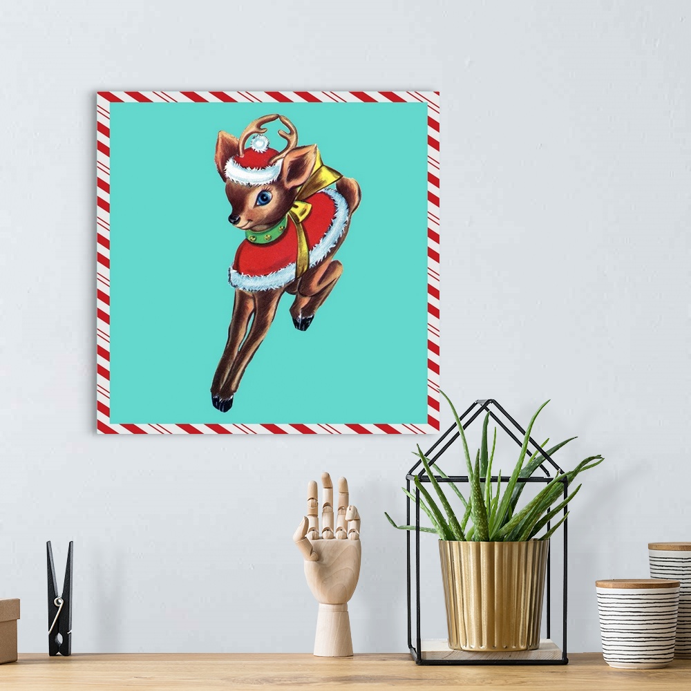 A bohemian room featuring Square vintage artwork of a young reindeer on a teal background border with a candy cane pattern.