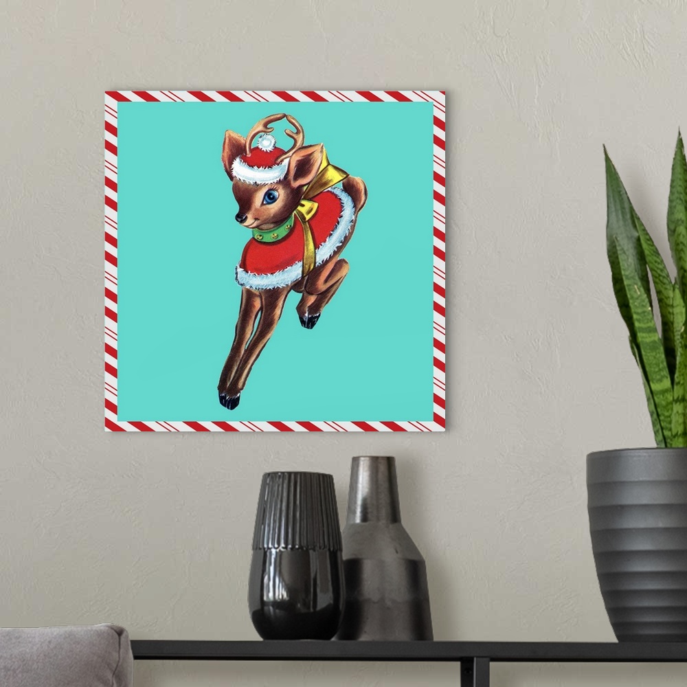A modern room featuring Square vintage artwork of a young reindeer on a teal background border with a candy cane pattern.