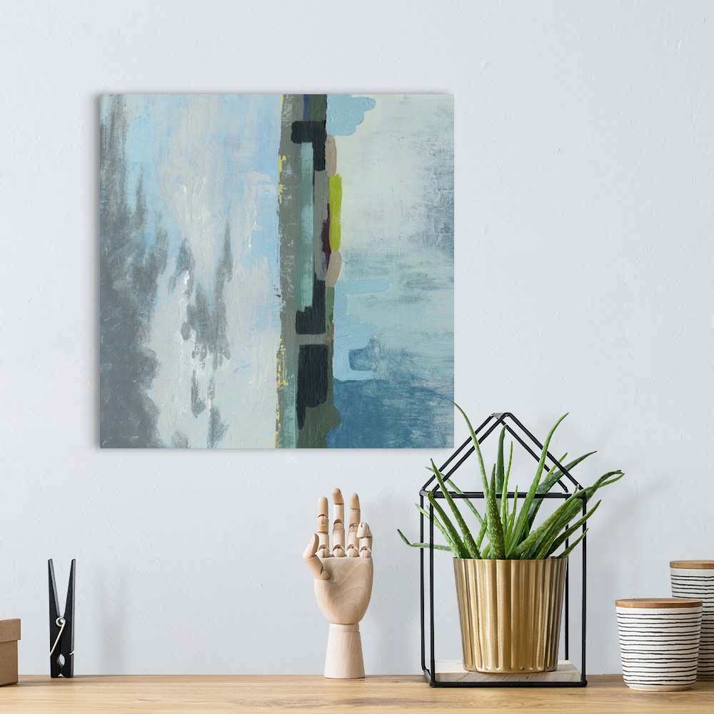 A bohemian room featuring Contemporary abstract home decor artwork using blue tones.