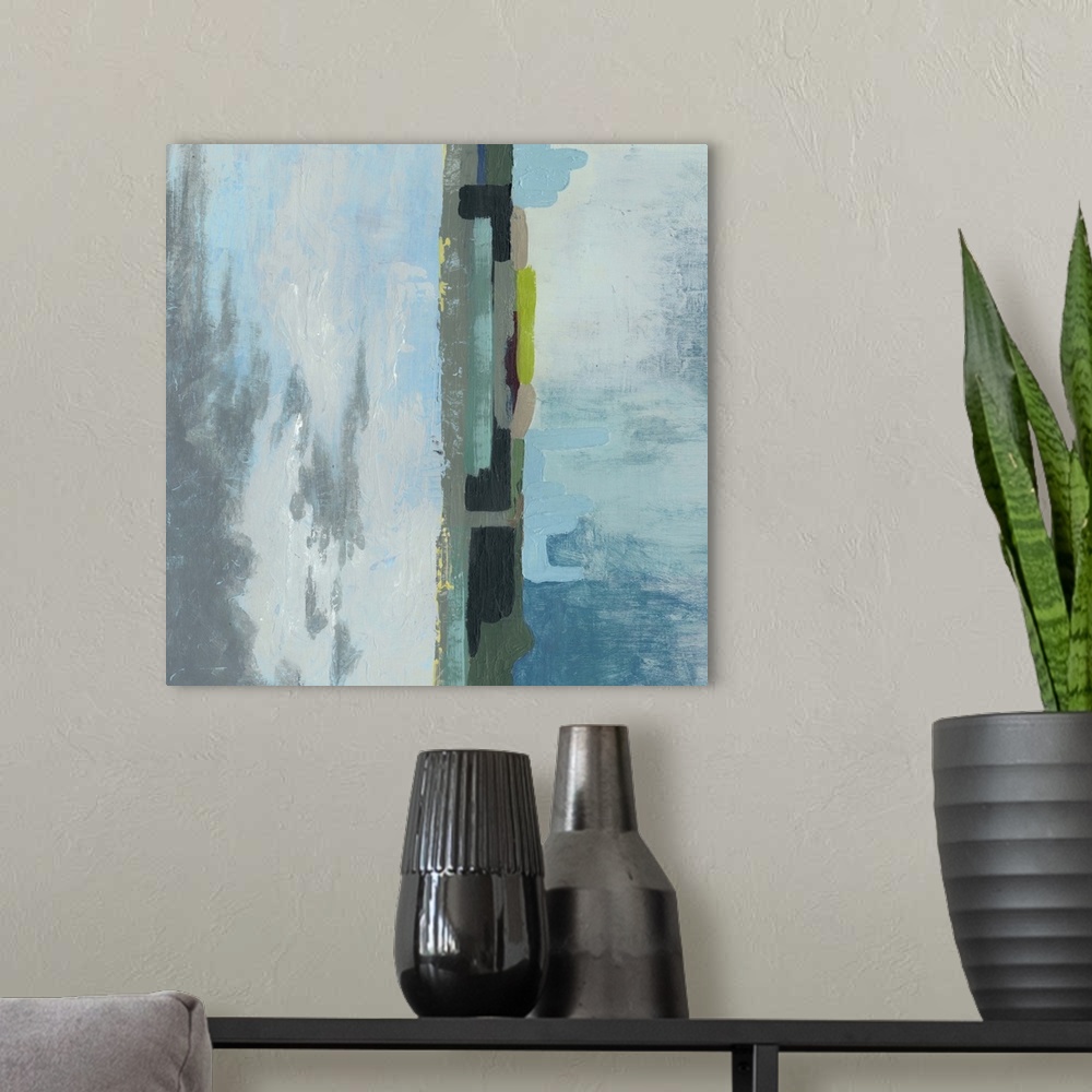 A modern room featuring Contemporary abstract home decor artwork using blue tones.