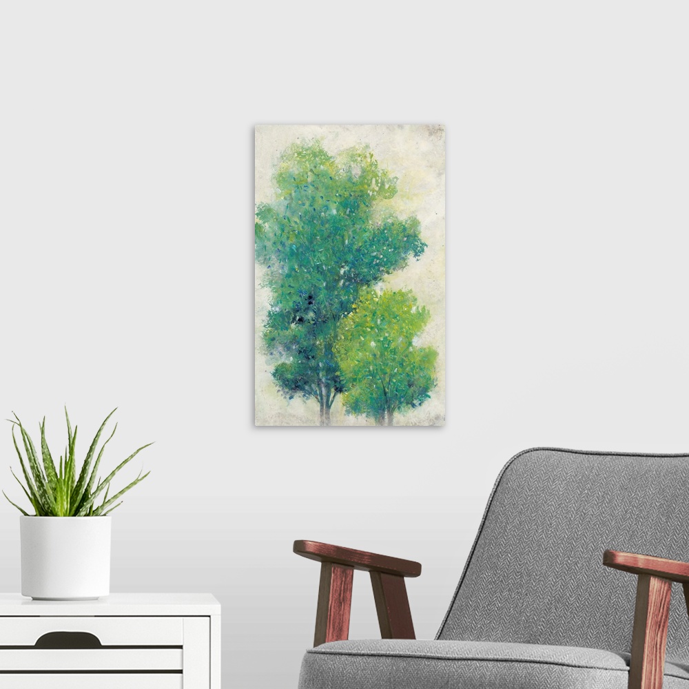 A modern room featuring A Pair of Trees I
