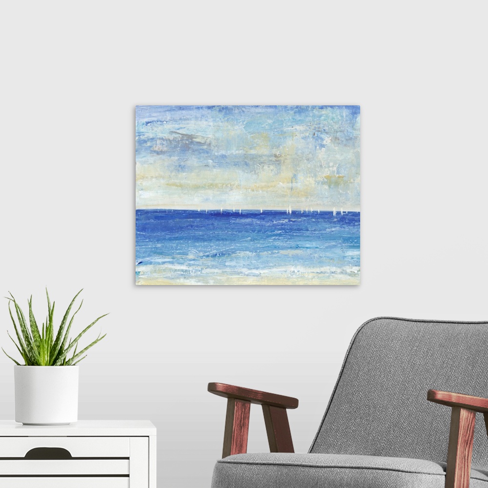 A modern room featuring Seascape painting of a deep blue ocean with small white sailboats on the horizon.