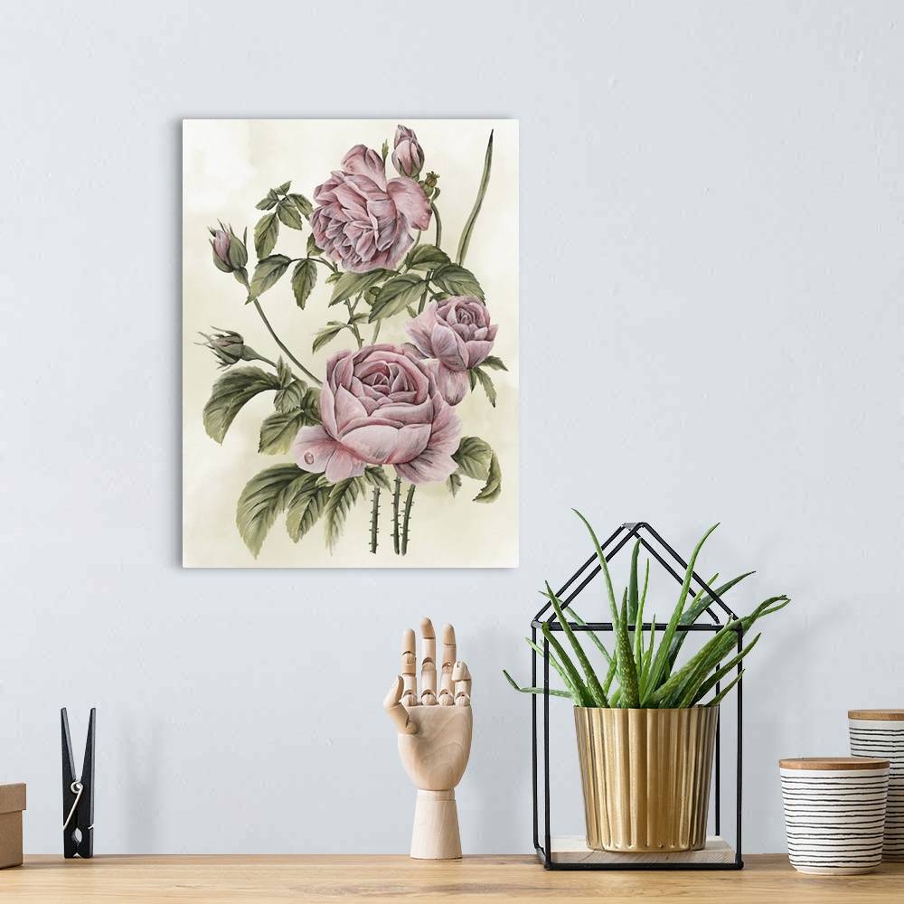 A bohemian room featuring This contemporary painting features a bouquet of romantic flowers in shades of pink with the leav...