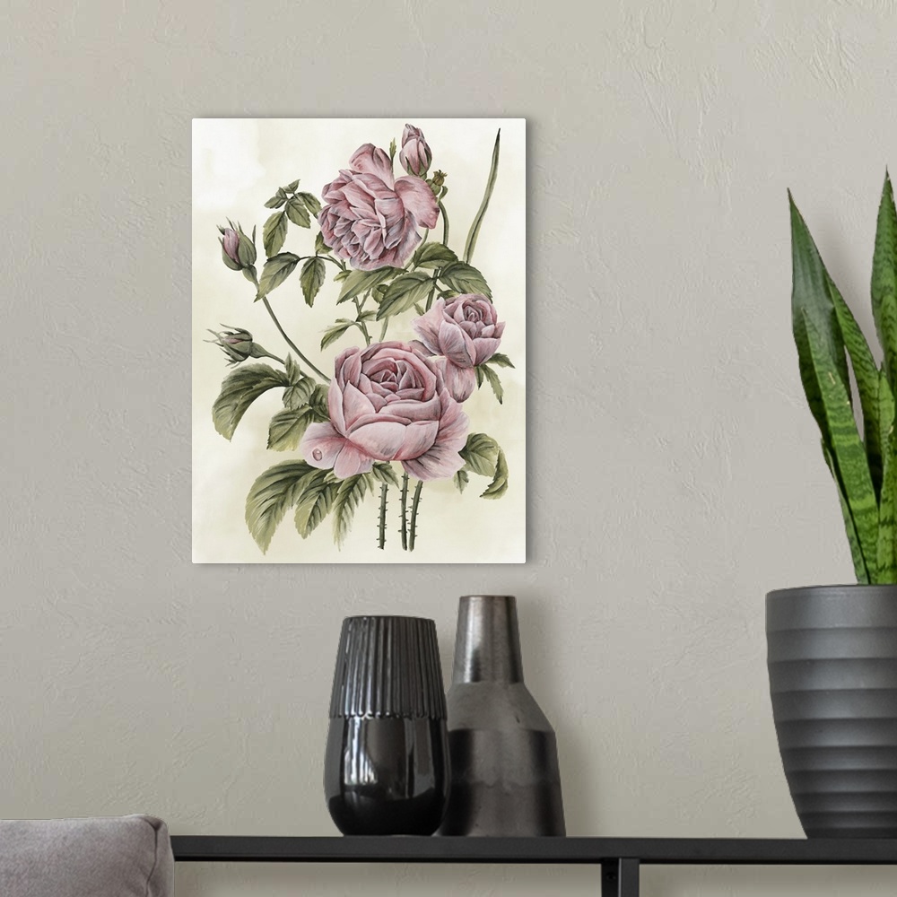A modern room featuring This contemporary painting features a bouquet of romantic flowers in shades of pink with the leav...