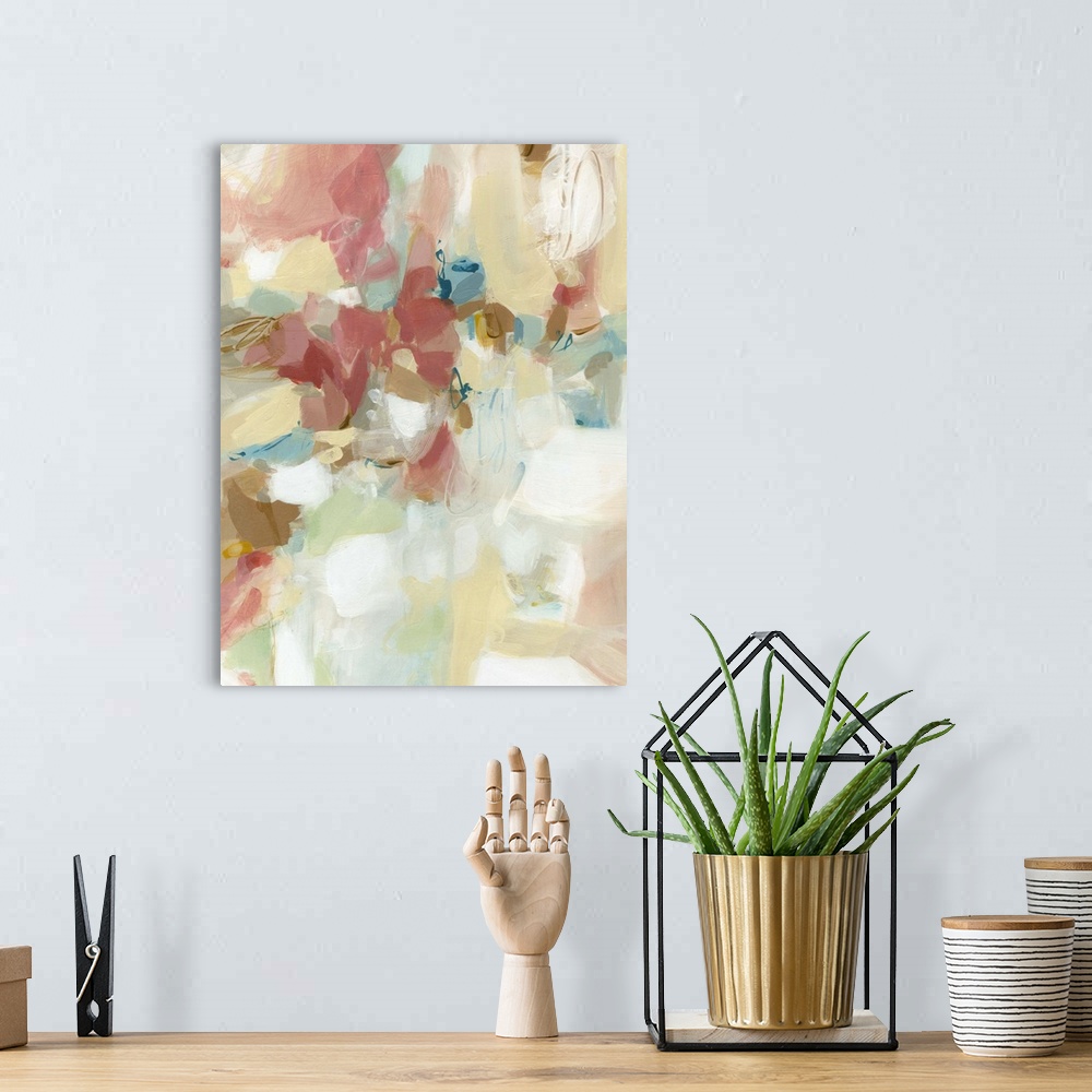 A bohemian room featuring Contemporary abstract artwork using pastel colors in warm in cool tones.