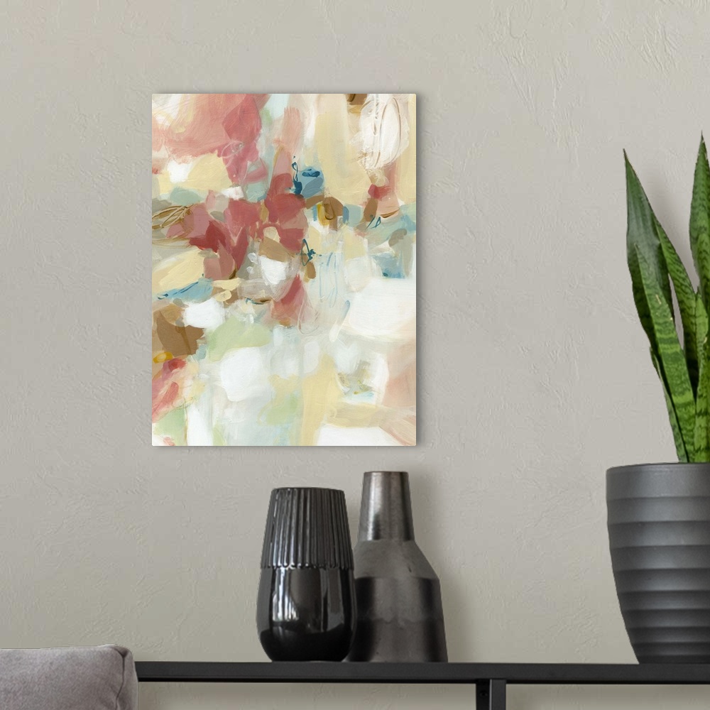 A modern room featuring Contemporary abstract artwork using pastel colors in warm in cool tones.