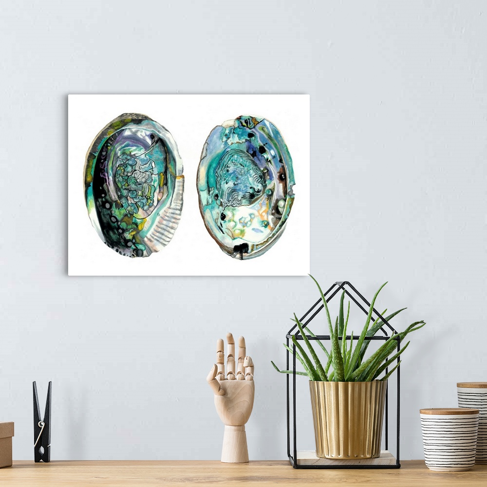 A bohemian room featuring Contemporary artwork of two detailed abalone shell halves.