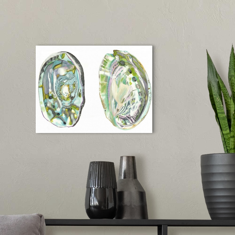 A modern room featuring Contemporary artwork of two detailed abalone shell halves.