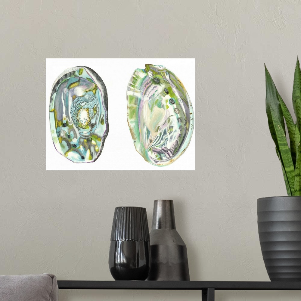 A modern room featuring Contemporary artwork of two detailed abalone shell halves.