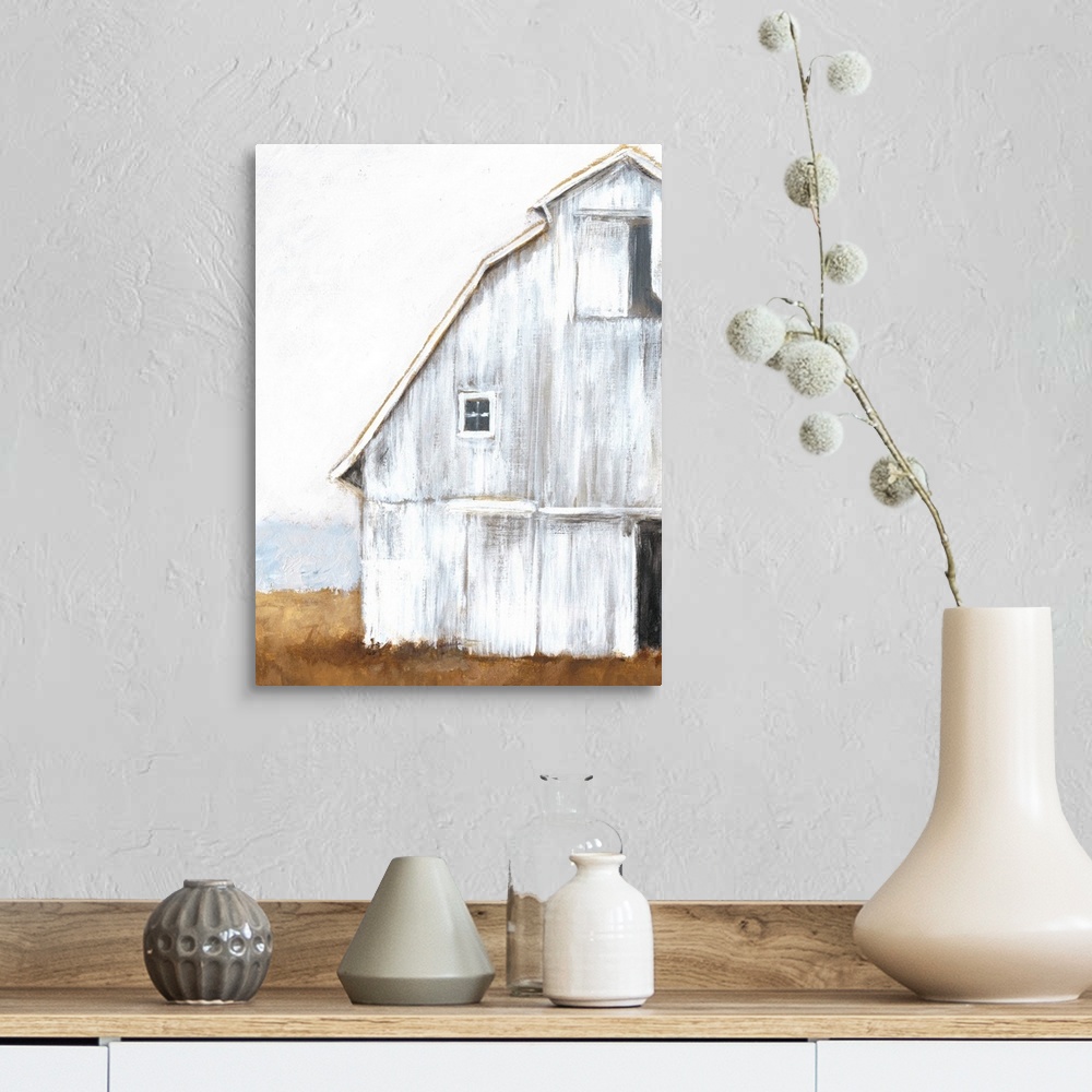 A farmhouse room featuring Horizontal brush strokes and a soft amber landscape form to make a cropped image of a white worn ...